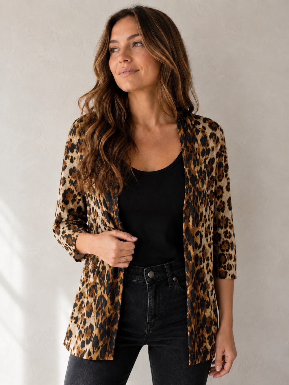 CHICO'S Leopard Print Open Front Cardigan Animal Print Cotton Blend Size 3 XL